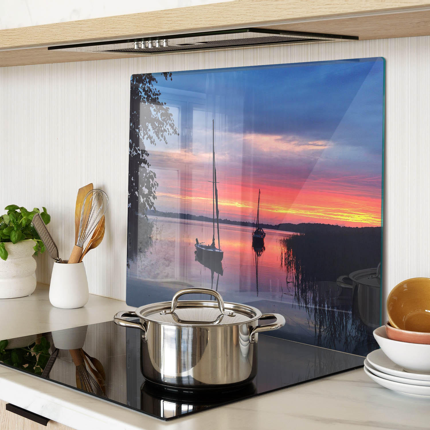 GLASPLATTE 60x52 cm Segelboote Sonne - Orange, Glas (60/0.4/52cm) - TULUP