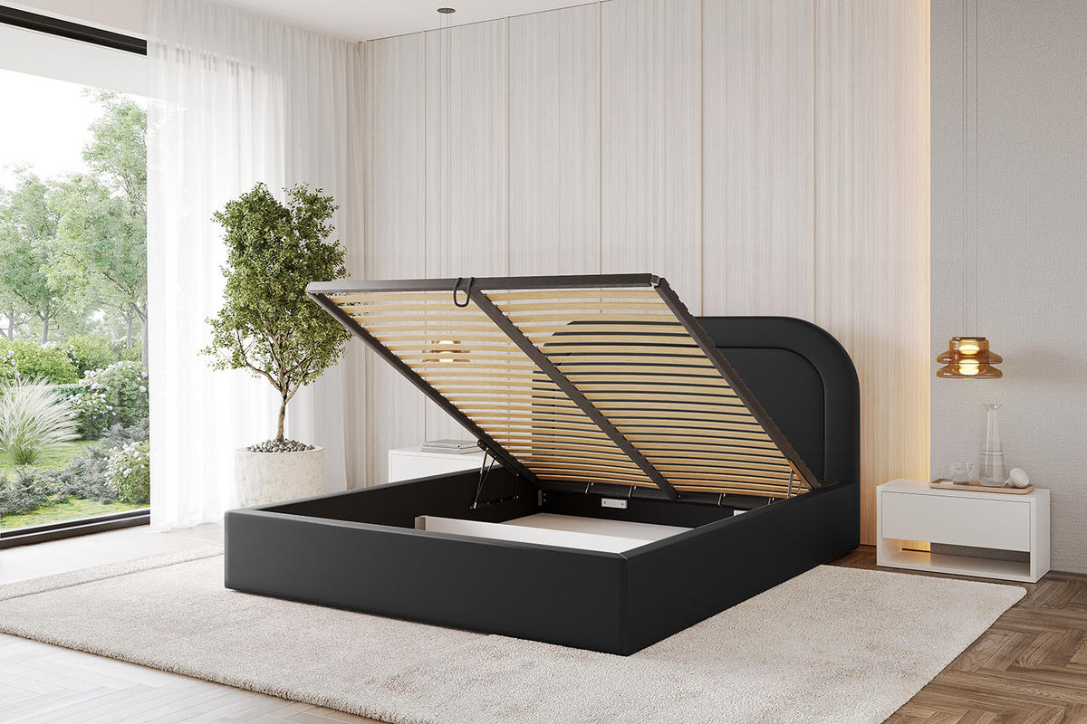 POLSTERBETT mit Bettkasten und Lattenrost, Bett mit Matratze H3/H4 - LERAY 180x200 Schwarz Kunstleder - Schwarz Hochglanz, Holzwerkstoff/Textil (180/200cm) - ALTDECOR
