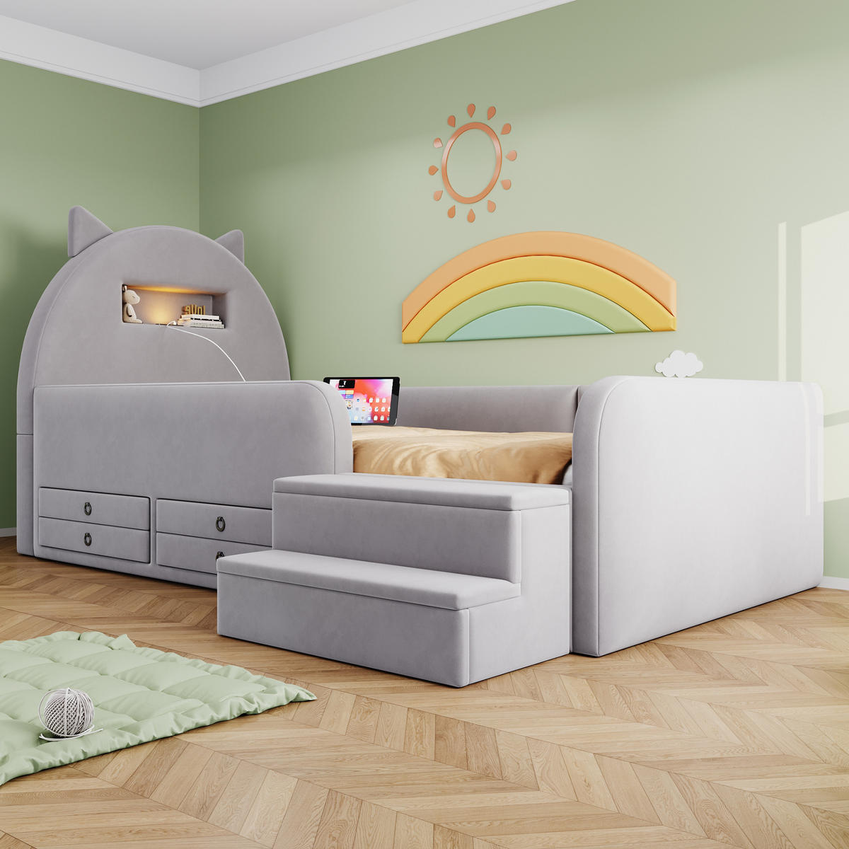 KINDERBETT 90/200 cm in Hellgrau mit 4 Schubladen, Nachtlicht und USB Samt Polsterbett - Hellgrau, Holzwerkstoff/Textil (90/200cm) - STILVORA