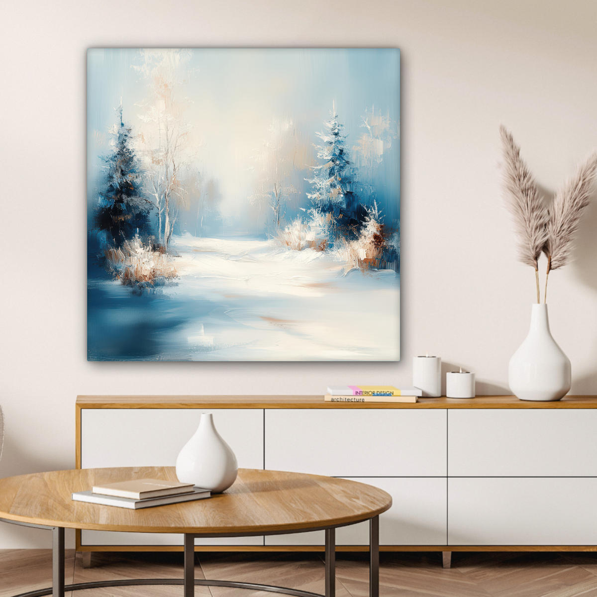 LEINWANDBILD Wald - Winter - Natur - Abstrakt - Schnee Deko Groß 90x90 cm - Weiß, Textil (90/90cm) - MuchoWow