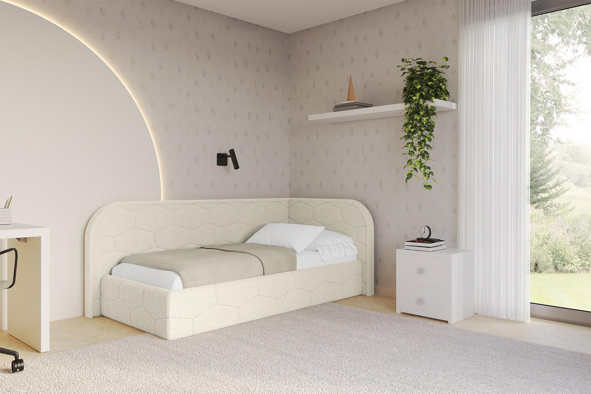 EINZELLBETT Jugendbett mit Bettkasten und Matratze H3/H4, Links - JAXY 90x200 Beige - Champagner, Holzwerkstoff/Textil (90/200cm) - ALTDECOR
