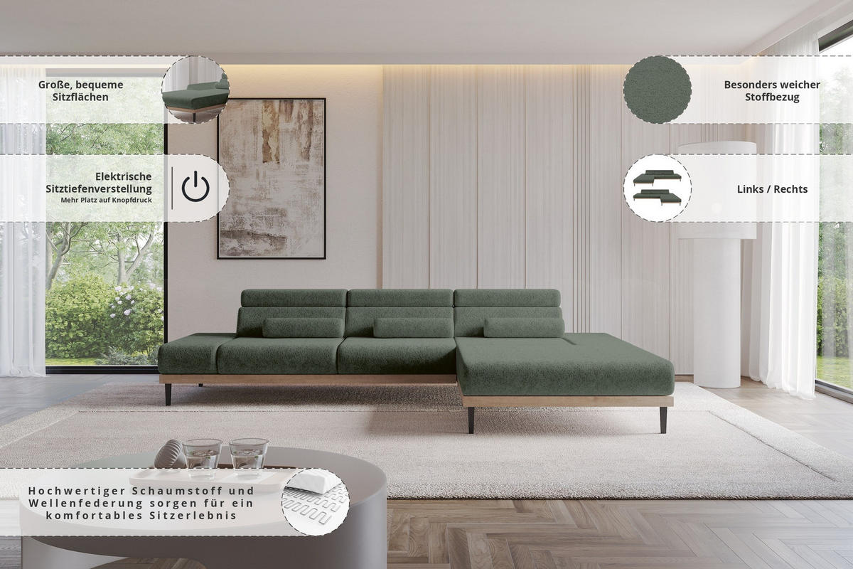 ELEKTRISCHES ECKSOFA Rechts MONA 316x205x85 Grün Velours - Grün, Holzwerkstoff/Textil (316/205cm) - ALTDECOR