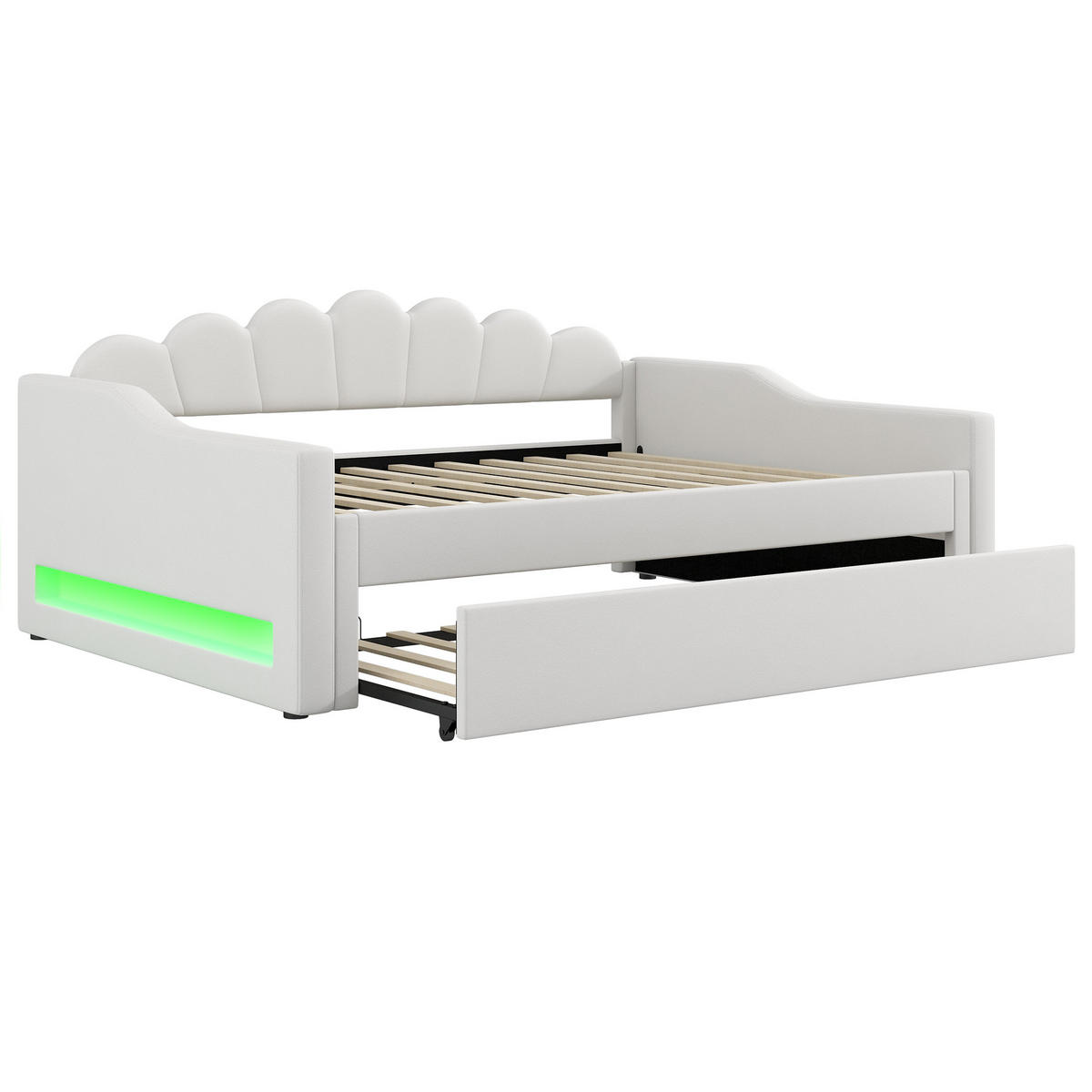 GEPOLSTERTES Tagesbett 140x200 cm aus MDF & Sperrholz mit LED und Ausziehbett, beige - Beige, Holzwerkstoff (140/200cm) - Luhomfu