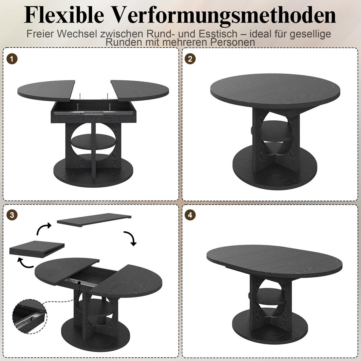 ESSTISCH Ausziehbar 110-150Cm Rund Oval Stauraum Schwarz - Schwarz, Holzwerkstoff (110/110/76cm) - FLIEKS