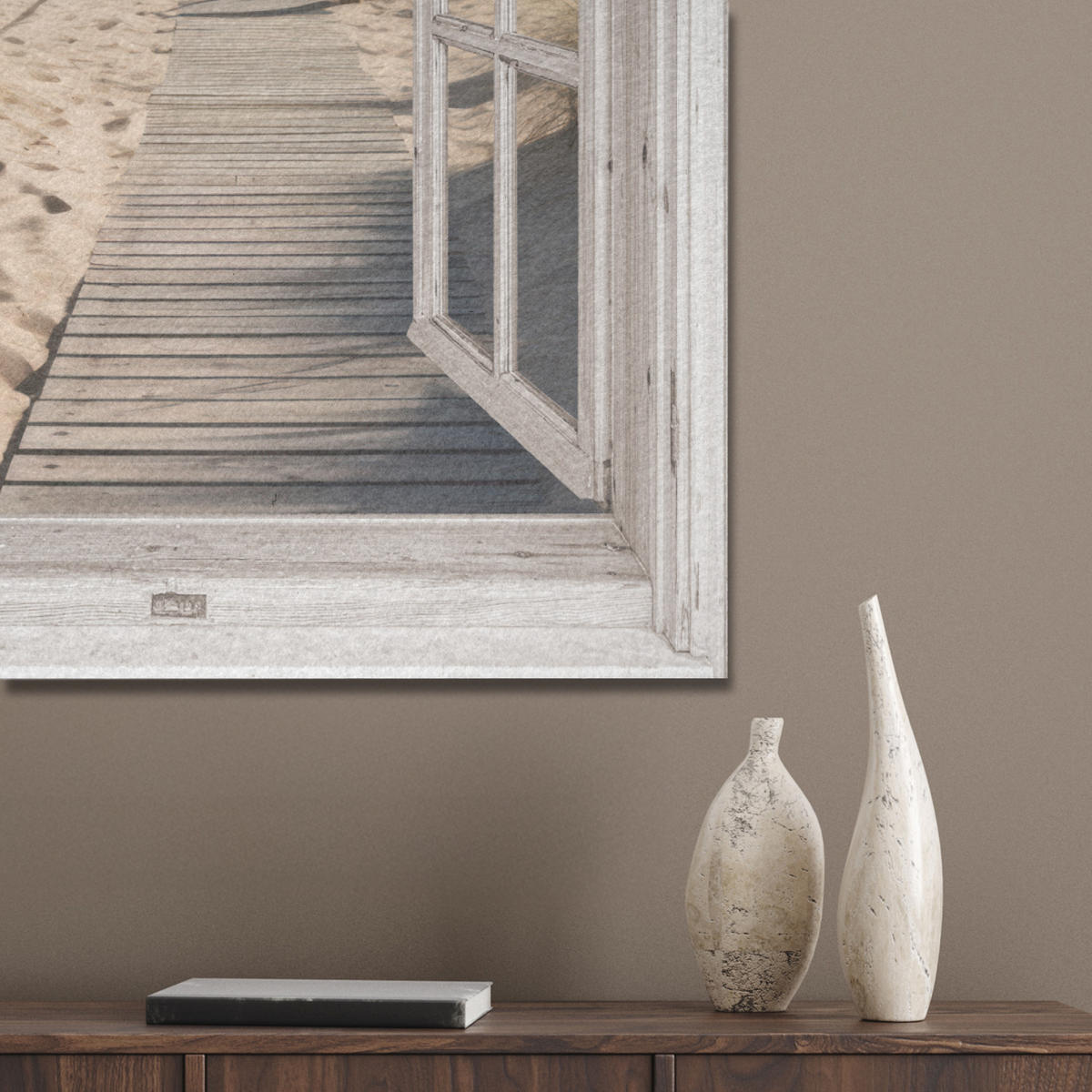 AKUSTIKBILD Fenster - Meer - Küste - Natur - Ausblick - Strand - Wattenmeer Wanddeko 60x90 cm - Beige, Kunststoff (60/90/0.9cm) - MuchoWow