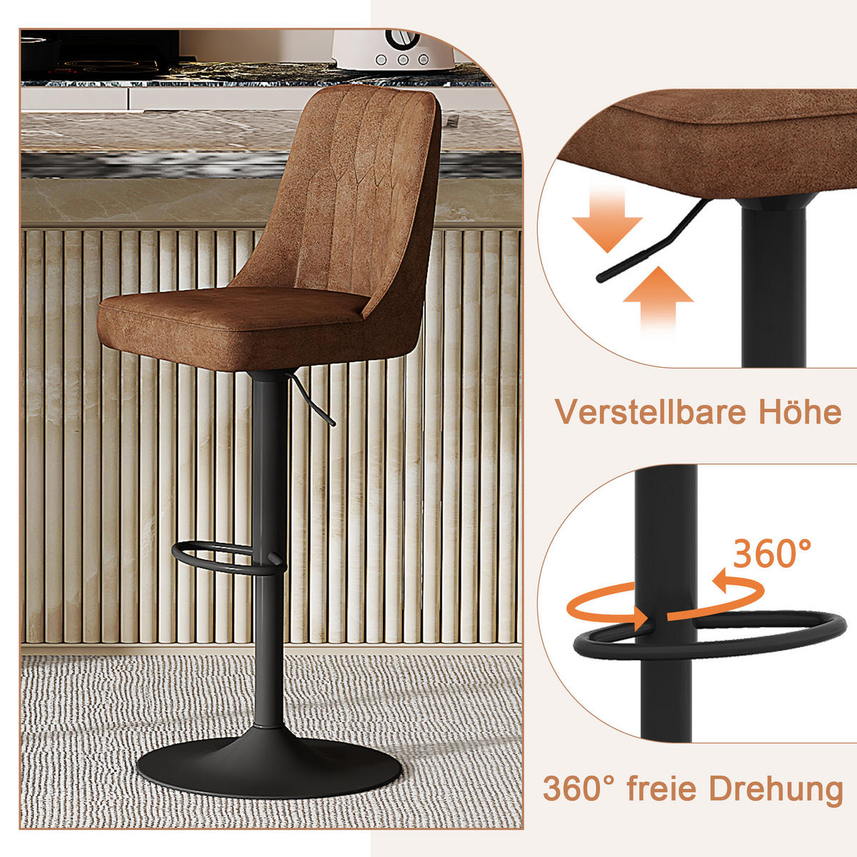 BARHOCKER 2er-Set Braun höhenverstellbar & 360° drehbar - Braun, Metall (44/95.5/44cm) - PANGIVO