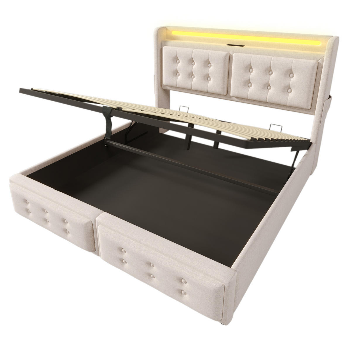 POLSTERBETT mit LED, USB und Stauraum 160x200 cm Beige - Beige, Metall (160/200cm) - Meubliv