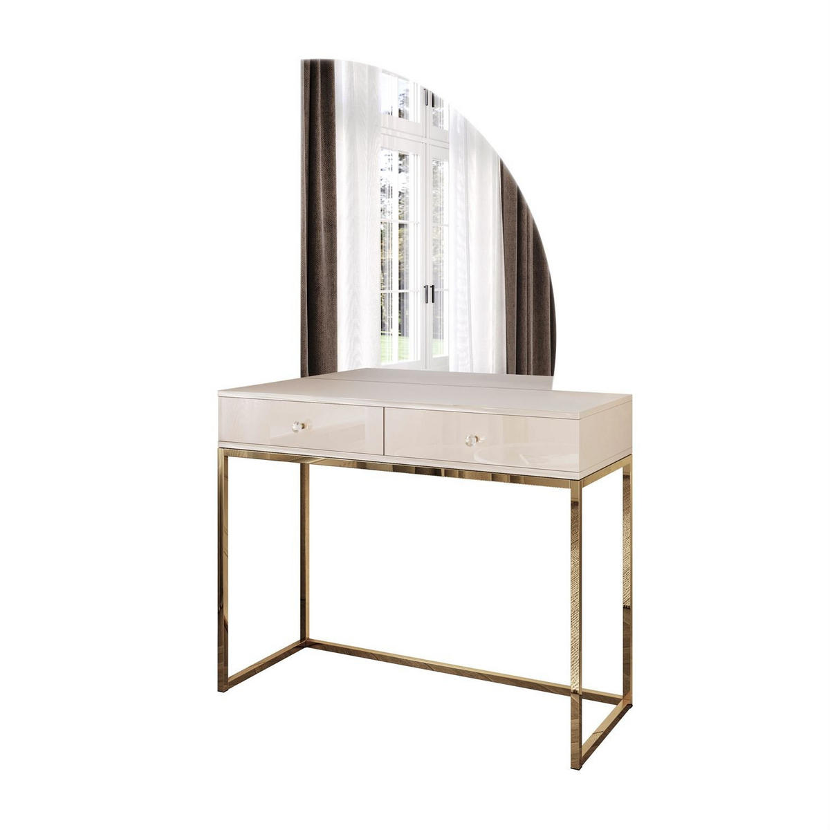 SCHMINKTISCH QUINNIE KASCHMIR mit LED-Spiegel gold Chrom rechts Griff Kristall - Transparent/Goldfarben, Holzwerkstoff (100/175/42cm) - Lookway