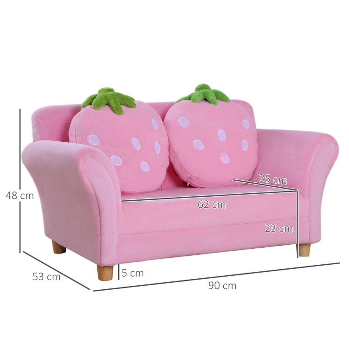 KINDERSOFA mit Holzgestell, Schaumstoffpolster, Erdbeer-Kissen 90/53/48 cm Pink - Pink, Holz (53/48/90cm) - Redom