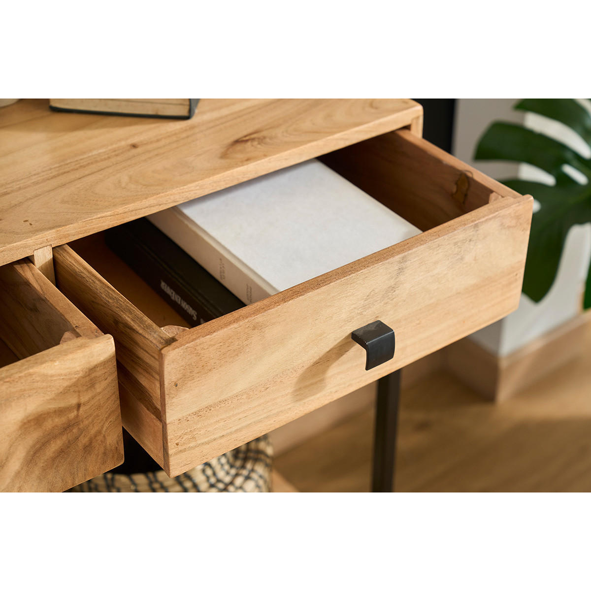 KONSOLE 2 Schubladen Akazienholz Metall B80 cm AXELLE - Dunkelbraun, Holz (80/35/76cm) - Miliboo