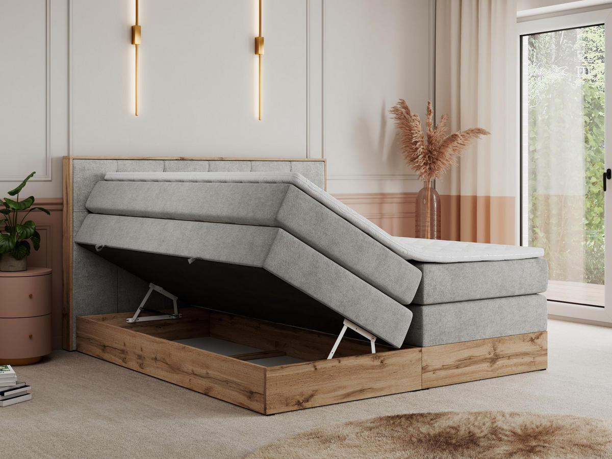 BOXSPRINGBETT VENETO KING 180/200 Hellgrau Struktur - H4 - Hellgrau, Holz/Textil (180/200cm) - MKS