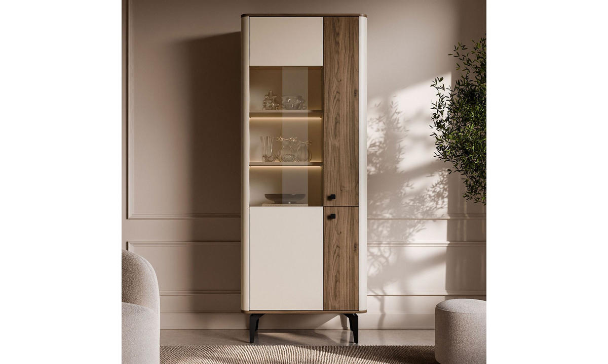 VITRINE MOCHA 73/40/190 cm Glasfront ohne LED Kaschmir/Nussbaum Royal - Kaschmir/Schwarz, Holzwerkstoff/Kunststoff (73/190/40cm) - Lookway