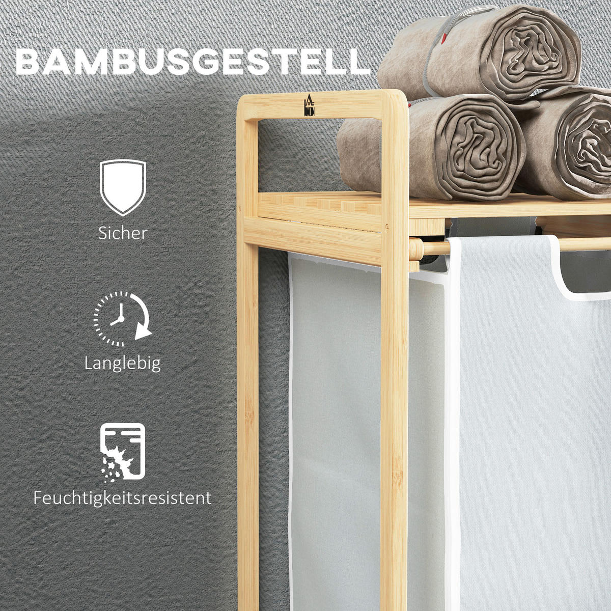 WÄSCHEKORB Bambus Polyester Natur+Creme - Creme/Naturfarben, Naturmaterialien (33/73/63.5cm) - HOMCOM
