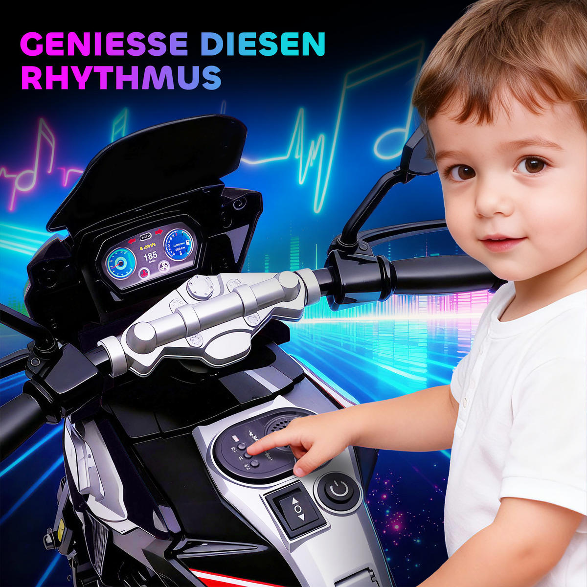 ELEKTRO-MOTORRAD DE-06206 mit Hilfsrädern, Lichtern und Musik Schwarz - Schwarz, Kunststoff/Metall (85.5/44.5/56cm) - ComfortXL