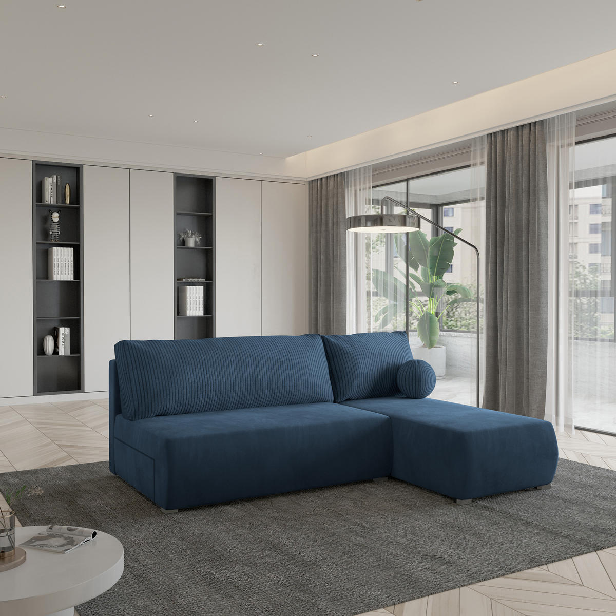 ECKSOFA PARVELO Blau Plüsch-Stoff mit Schlaffunktion - Blau, Holz (200/143cm) - MASSENO
