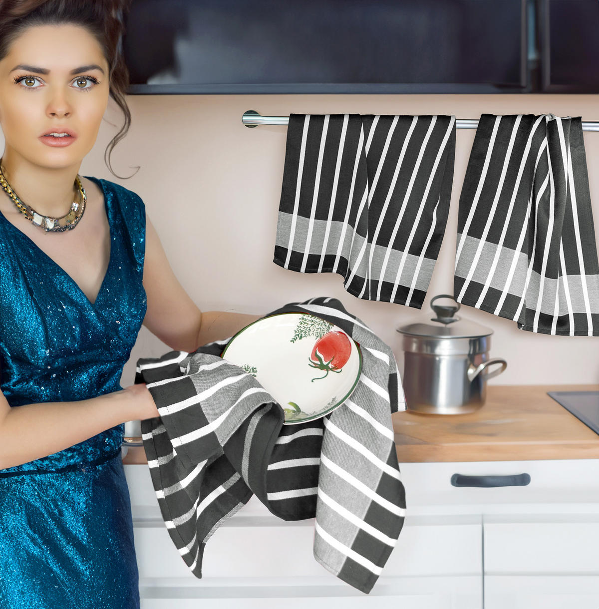 GESCHIRRTÜCHER 50x70 cm, 6er Set, Lüttich Schwarz - Weiß - Schwarz/Weiß, Textil (50/70cm) - Lashuma