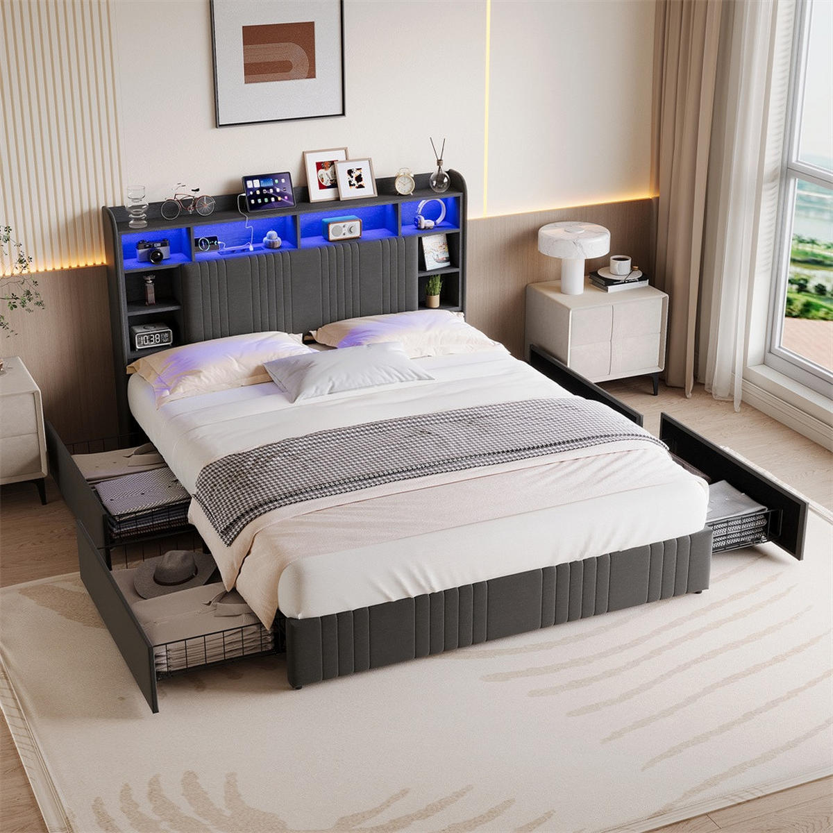 POLSTERBETT 160x200 cm mit 4 Schubladen - LED-Beleuchtung - Gepolstertes Kopfteil mit Stauraum - Grau - Grau, Textil (160/200cm) - DELFA