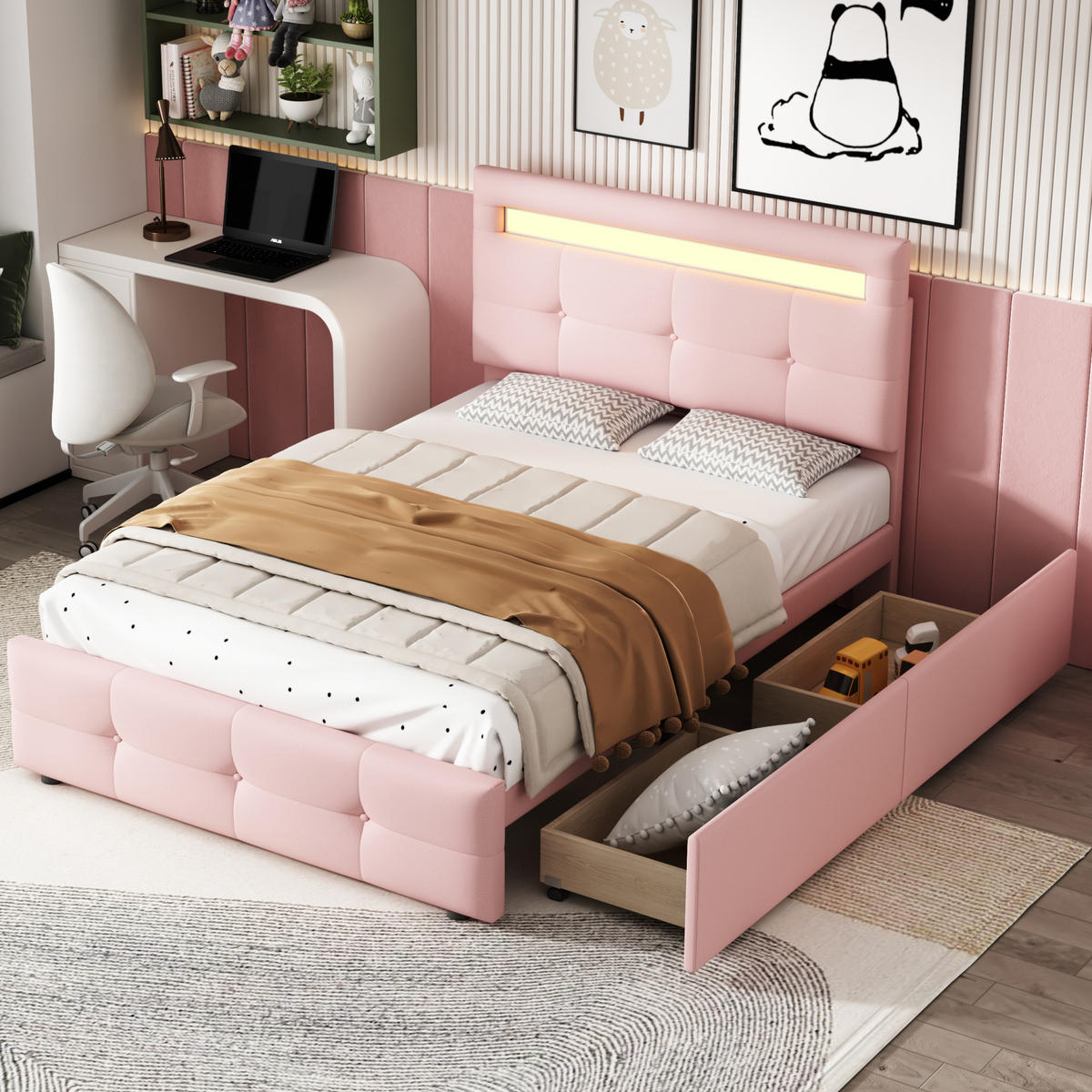 POLSTERBETT 90/200 cm mit LED-Beleuchtung, 2 Schubladen und höhenverstellbarem Kopfteil, Rosa - Rosa, Textil (90/200cm) - Redom