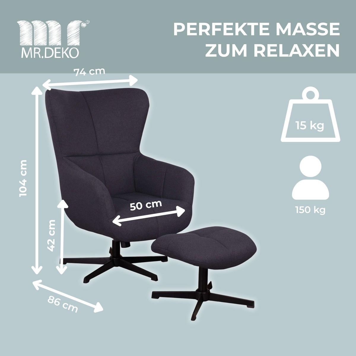 OHRENSESSEL Sava inkl. Fußhocker - Blau/Schwarz, Textil/Metall (74/104/86cm) - Mr. Deko