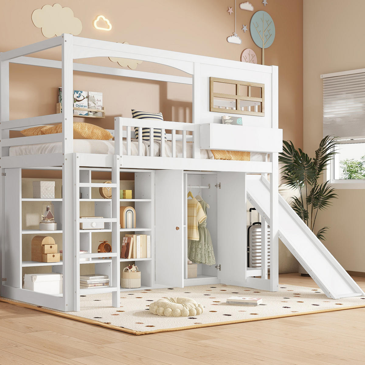 ETAGENBETT 90/200 cm, Weiß mit Rutsche, Kleiderschrank, ohne Matratze - Weiß, Holz (90/200cm) - MIVRAY