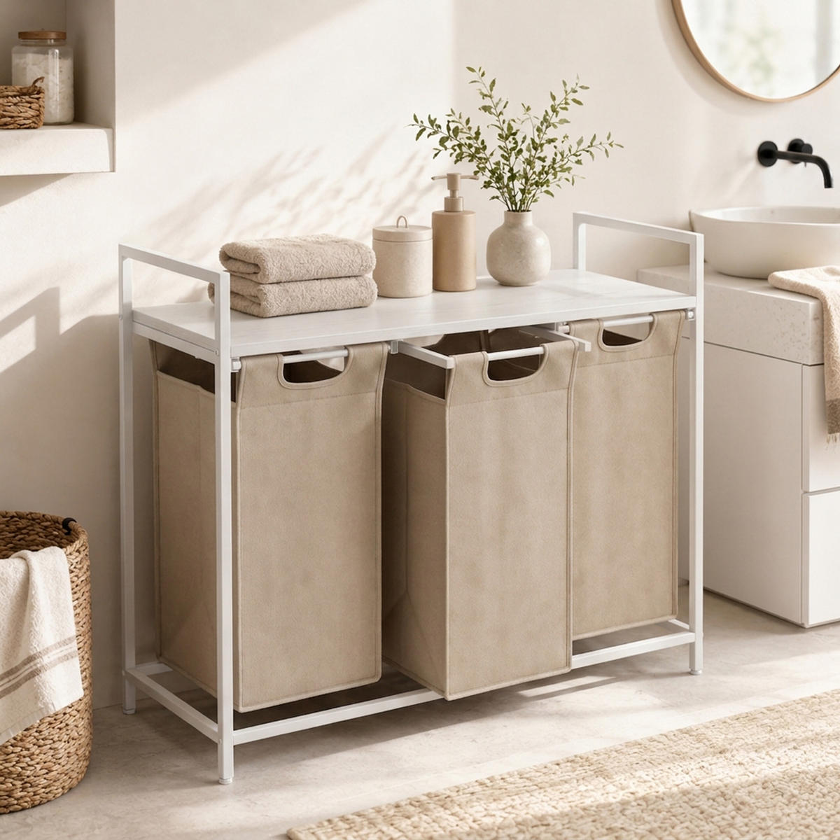 COȘ de rufe alb bej 3-compartimente cu poliță - bej, material textil/compozit lemnos (92.5/73/33cm) - Relaxdays
