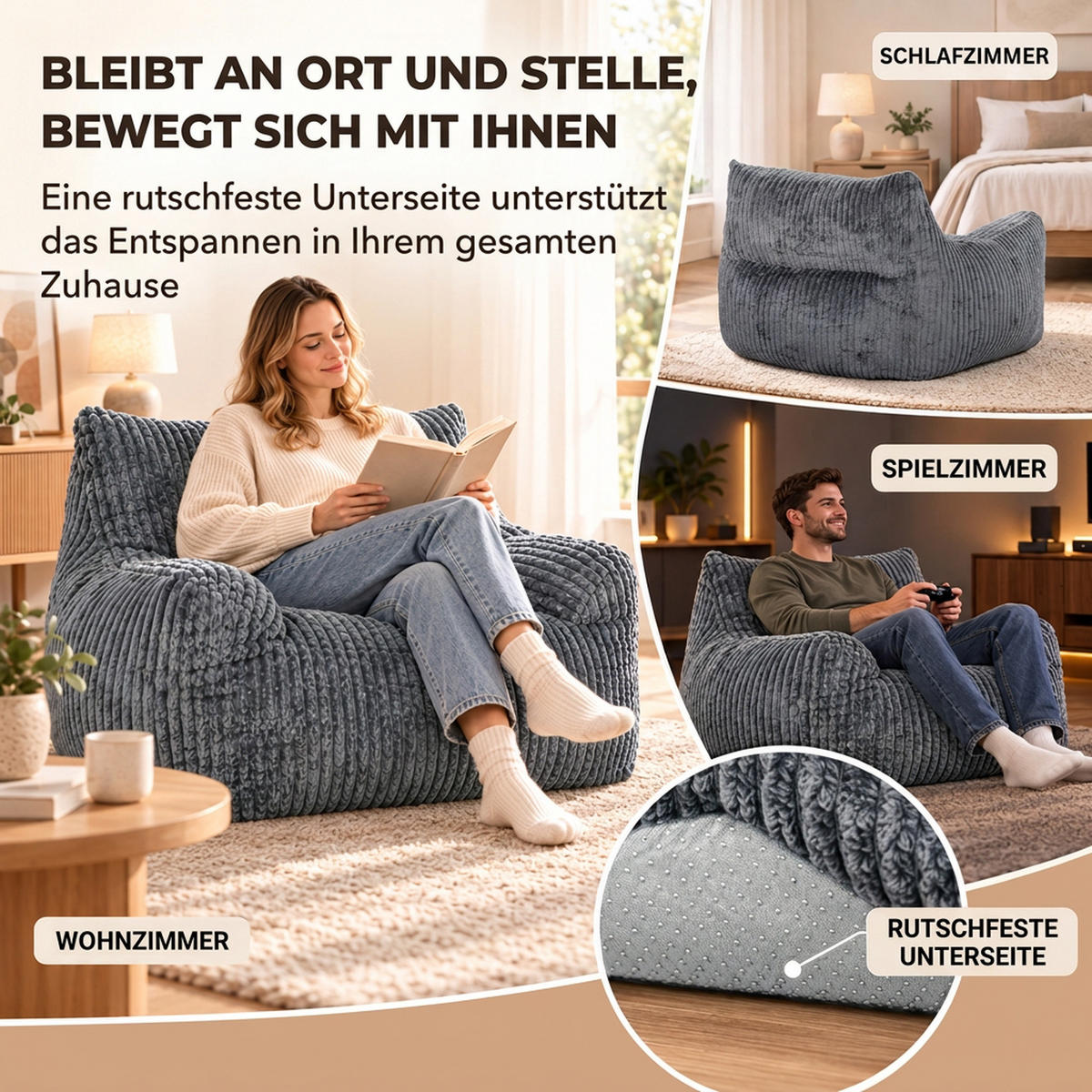 BODENSESSEL Cord Schaumstoff Grau - Grau, Textil (107/71/115cm) - HOMCOM