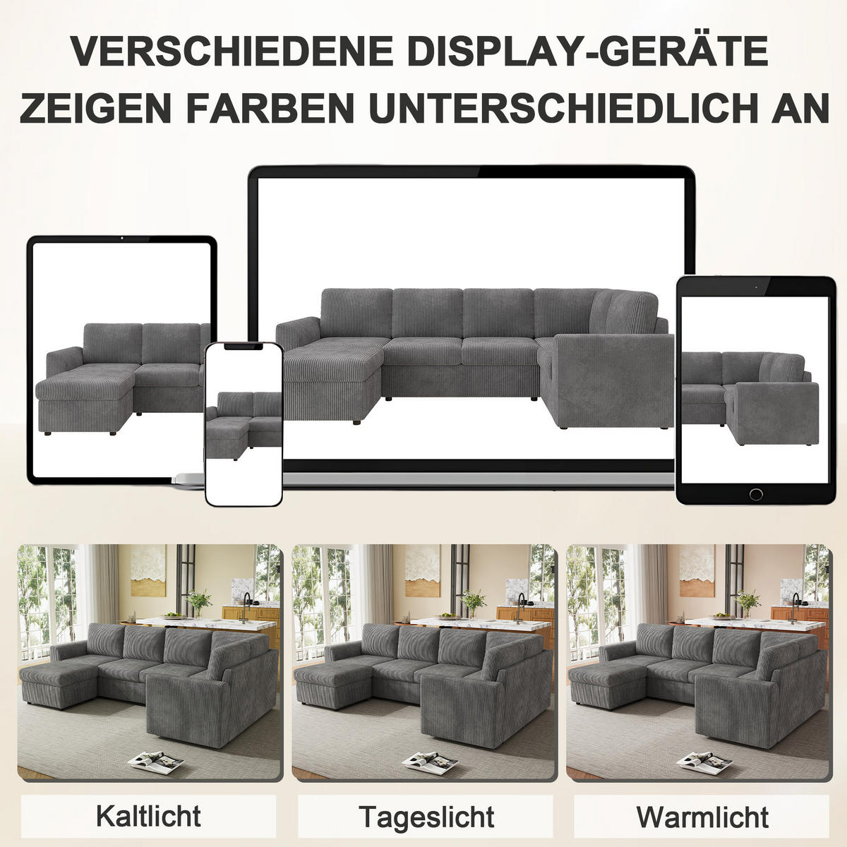 SOFA Grau L-Form Cord Ecksofa Hocker Schaumstoff 282cm - Grau, Textil (153/85/282cm) - FLIEKS