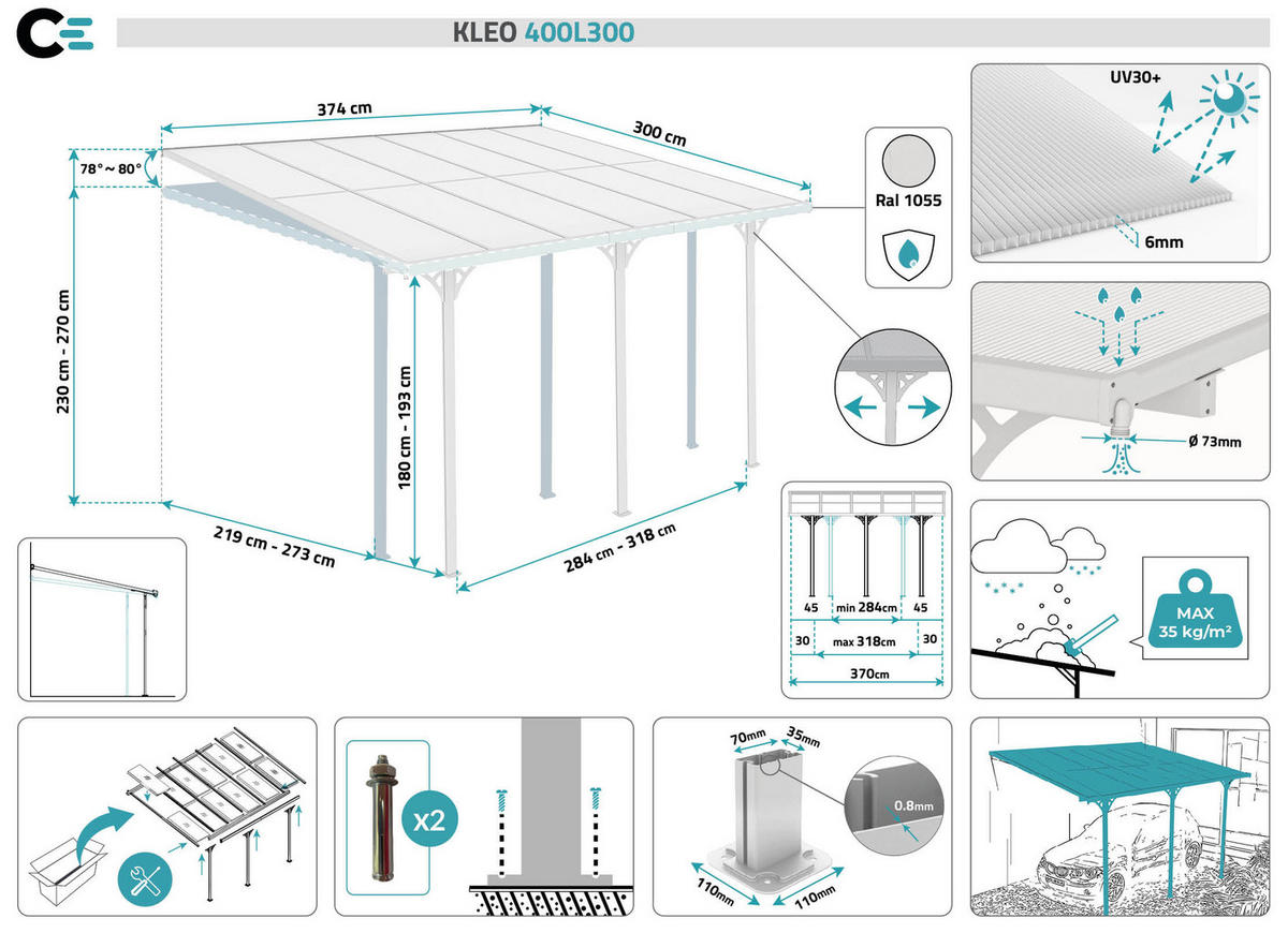PERGOLA / CARPORT Kleo Weiß 4m x 3m - Weiß, Metall (374/270/300cm) - Cazeboo
