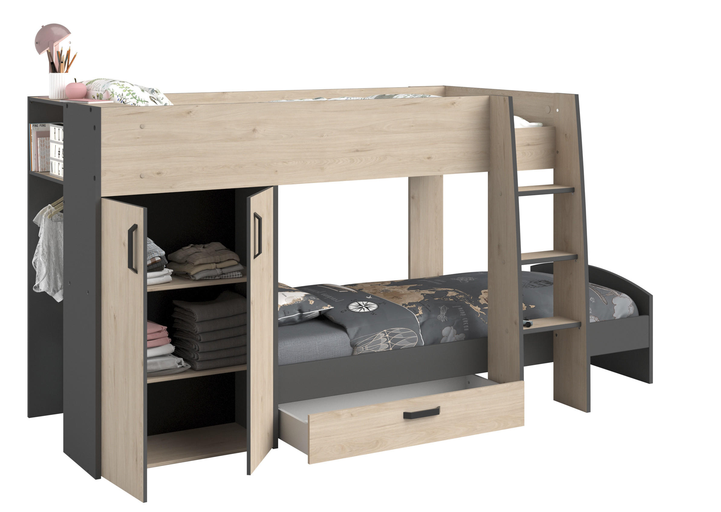 ETAGENBETT Stim 2 von Parisot Jugendbett Funktionsbett in Eiche Jackson und Grau, 2 Liegeflächen mit 90 x 200 cm komplett Set - Braun, Holzwerkstoff (90/200cm) - Calicosy