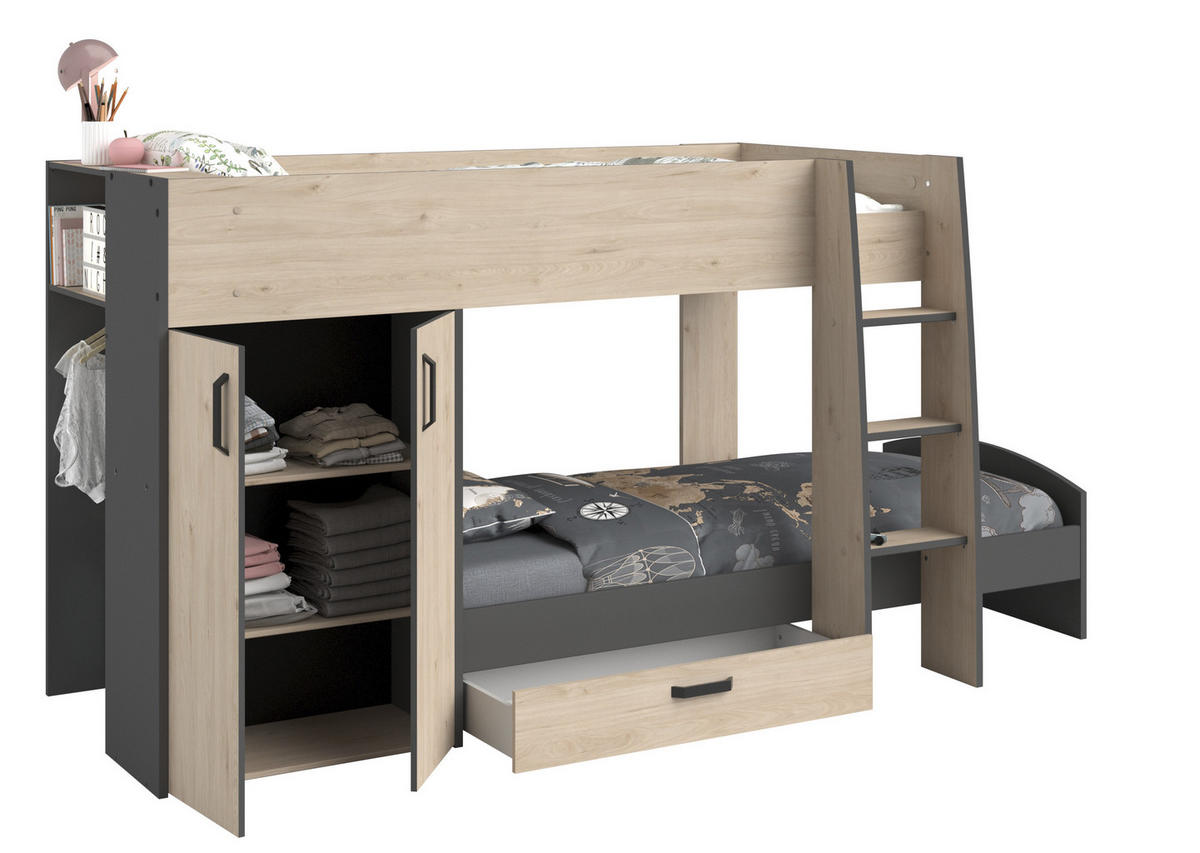 ETAGENBETT Stim 2 von Parisot Jugendbett Funktionsbett in Eiche Jackson und Grau, 2 Liegeflächen mit 90 x 200 cm komplett Set - Braun, Holzwerkstoff (90/200cm) - Calicosy
