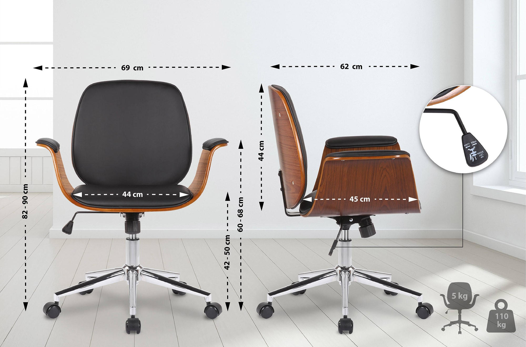 DREHSTUHL Holz walnuss/schwarz - Chromfarben/Walnussfarben, Holz/Textil (69/82/62cm) - CLP