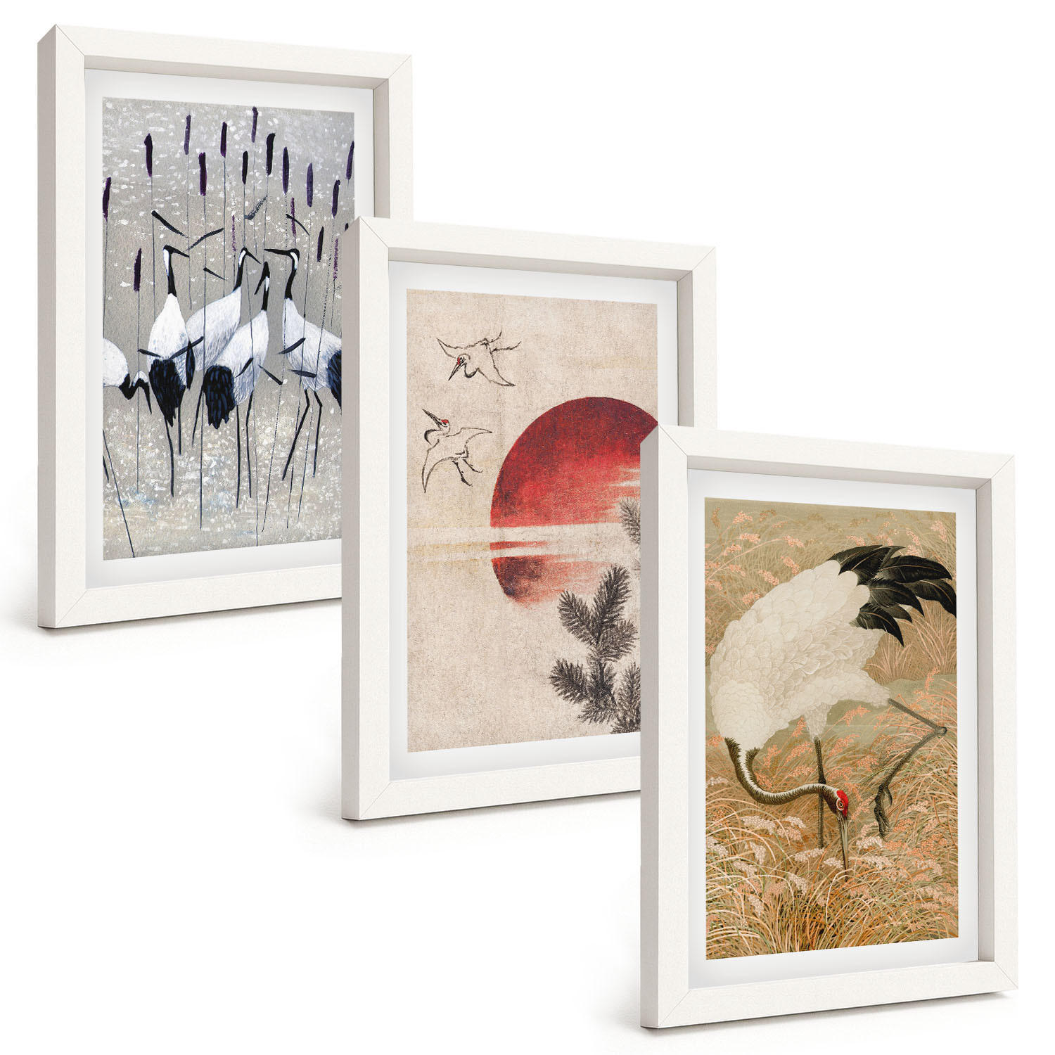 BILDER SET 3er Set - 20x30 cm Weißer Rahmen - Japanische Kraniche Landschaft - Weiß, Kunststoff (20/30cm) - TULUP