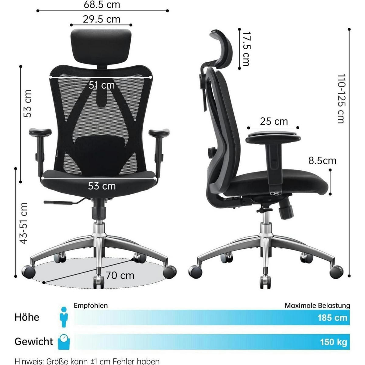 ERGONOMISCHER Bürostuhl mit verstellbarer Lordosenstütze und Kopfstütze - Schwarz, Textil (53.3/27.9/69.9cm)