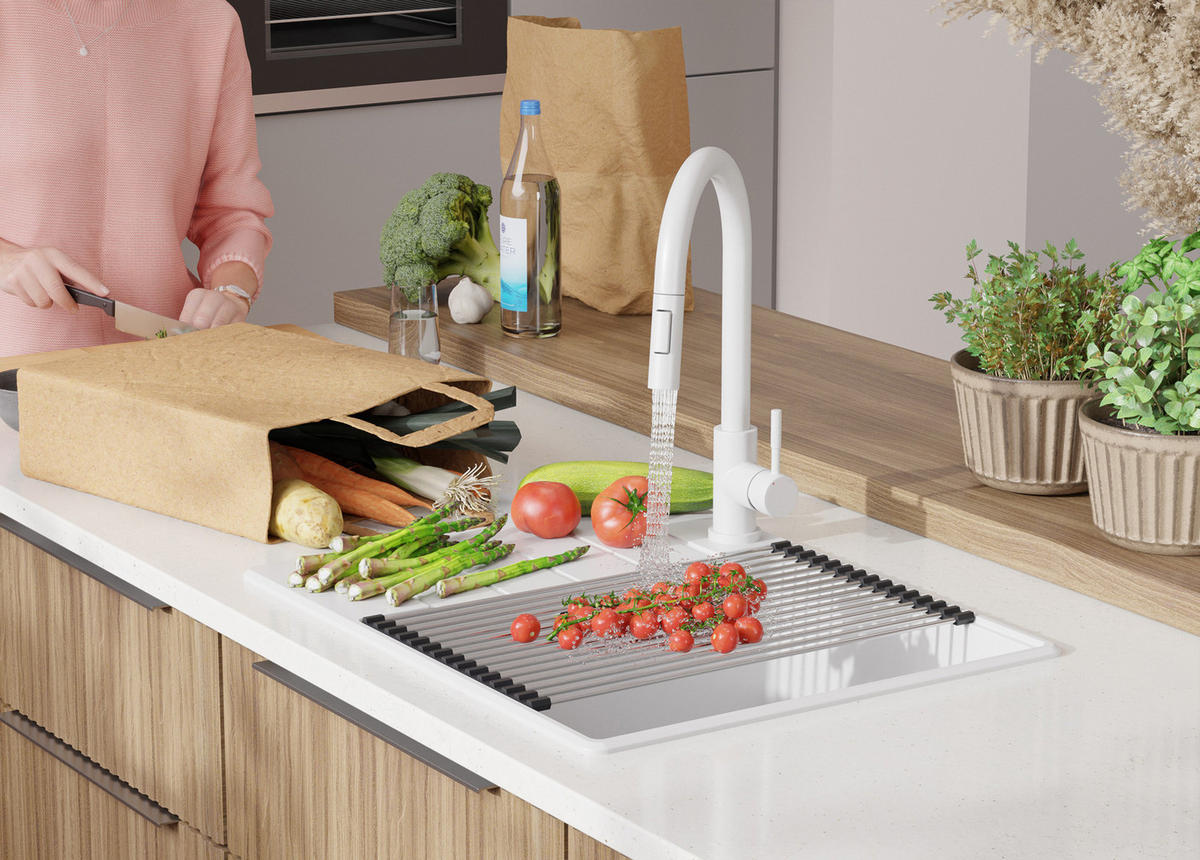 SPÜLBECKEN Kopenhagen, 2-er set Weiß 62/50 cm 1 Becken + Ablauf-Set + Schneidebrett ab 50er Unterschrank - Chromfarben/Beige, Kunststoff (62/20/50cm) - Primagran