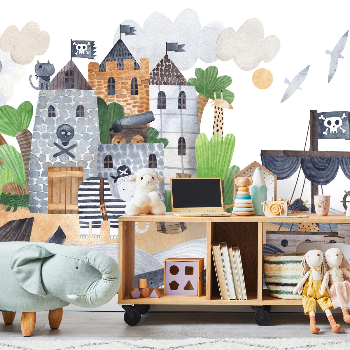 FOTOTAPETE für Kinderzimmer Märchen Piratenfestung Schiff Meereswellen 100x70 - Blau/Beige, Papier (100/70cm) - Muralo