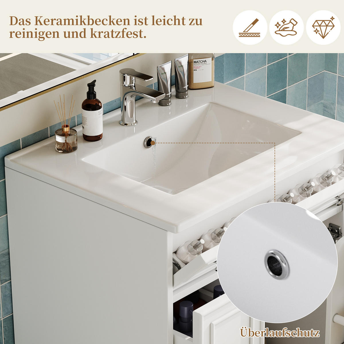 WASCHTISCHKOMBI 61/47/87 cm Weiß mit 3 Schubladen, ohne Wasserhahn - Weiß, Holz/Holzwerkstoff (47/87/61cm) - Oxeza