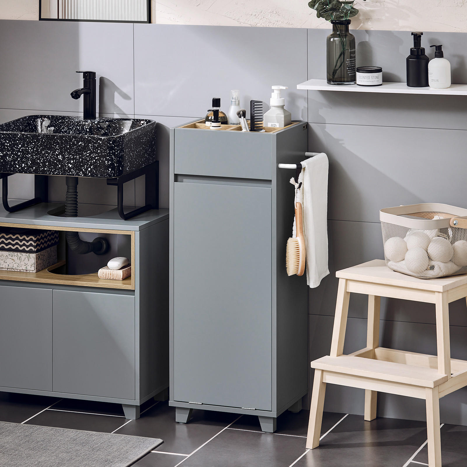 WÄSCHESCHRANK Dunkelgrau - Grau, Holzwerkstoff (35/90/30cm) - SoBuy