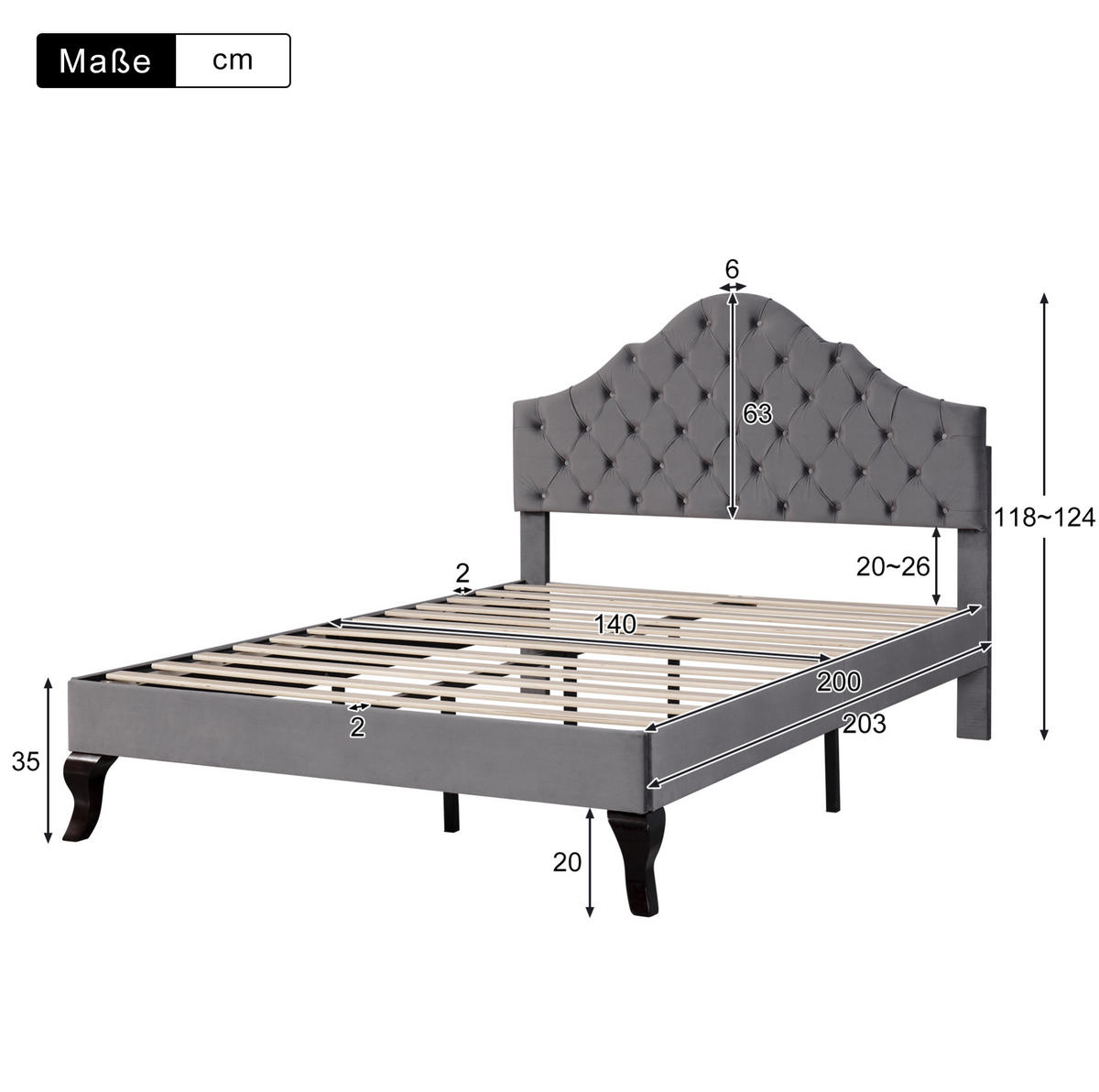 POLSTERBETT 140/200 cm grau mit Lattenrost und höhenverstellbarem Kopfteil - Grau, Textil (140/200cm) - OKWISH