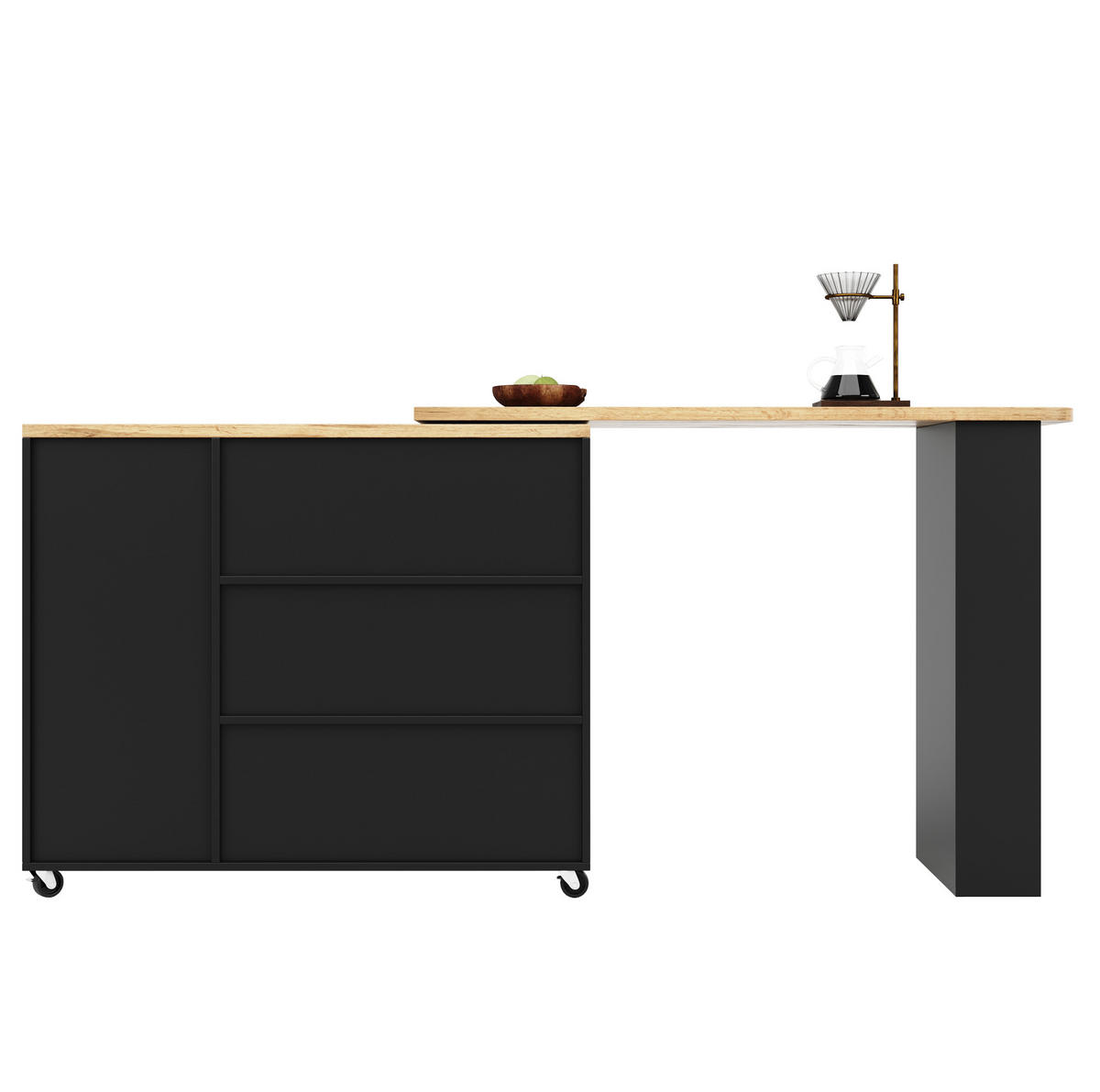 BARTISCH ausziehbar 135-203x39x106cm Schwarz 360°drehbar mit Rollen - Schwarz, Holzwerkstoff (203/106/39cm) - Modfu