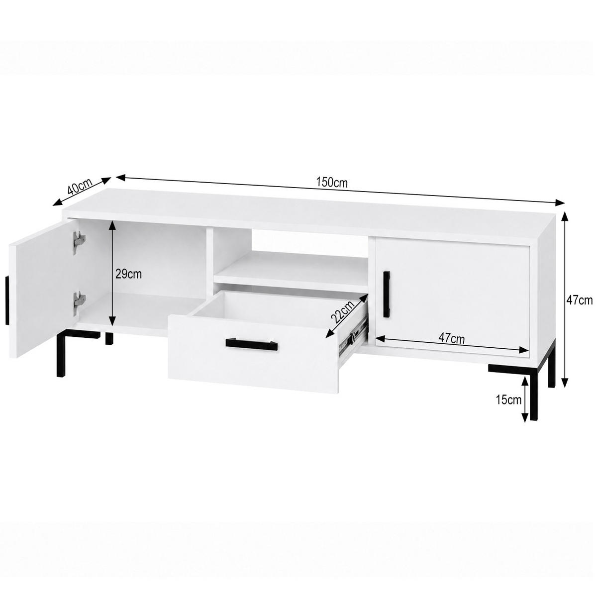 LOWBOARD Montreal mit 2 Türen, 1 Schublade und offenem Fach, dekorative 3D-Fronten, Weiß - Schwarz/Weiß, Holzwerkstoff/Metall (150/47/40cm) - Beautysofa