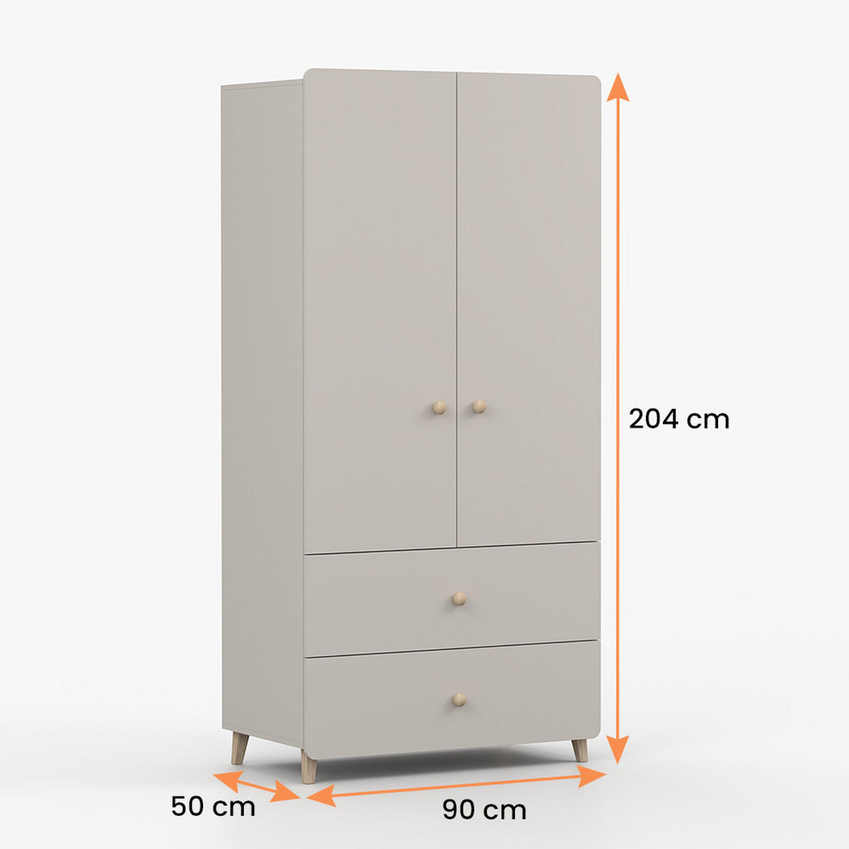 DREHTÜRENSCHRANK MARIO 2D 90 cm Kaschmir/Kaschmir, 2-türig, zwei Schubladen, Holzgriffe - Kaschmir/Eukalyptusholzfarben, Holz/Holzwerkstoff (90/204/50cm) - imoebel24