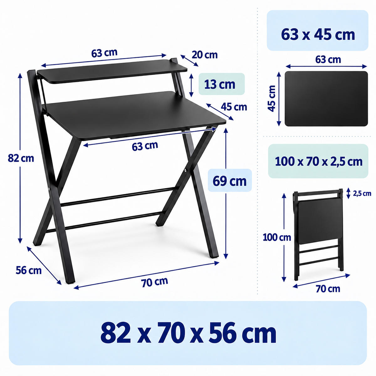 SKRIVBORD Svart hopfällbart med monitorhylla - Svart, Träbaserade material/Metall (56/70/82cm) - Relaxdays
