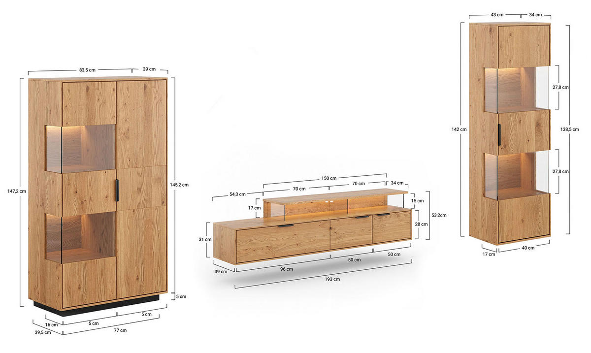 WOHNWAND Tirano 3er-Set Eiche Natur - Eichefarben/Schwarz, Holz/Metall (326/147/39cm) - Feldmann-Wohnen