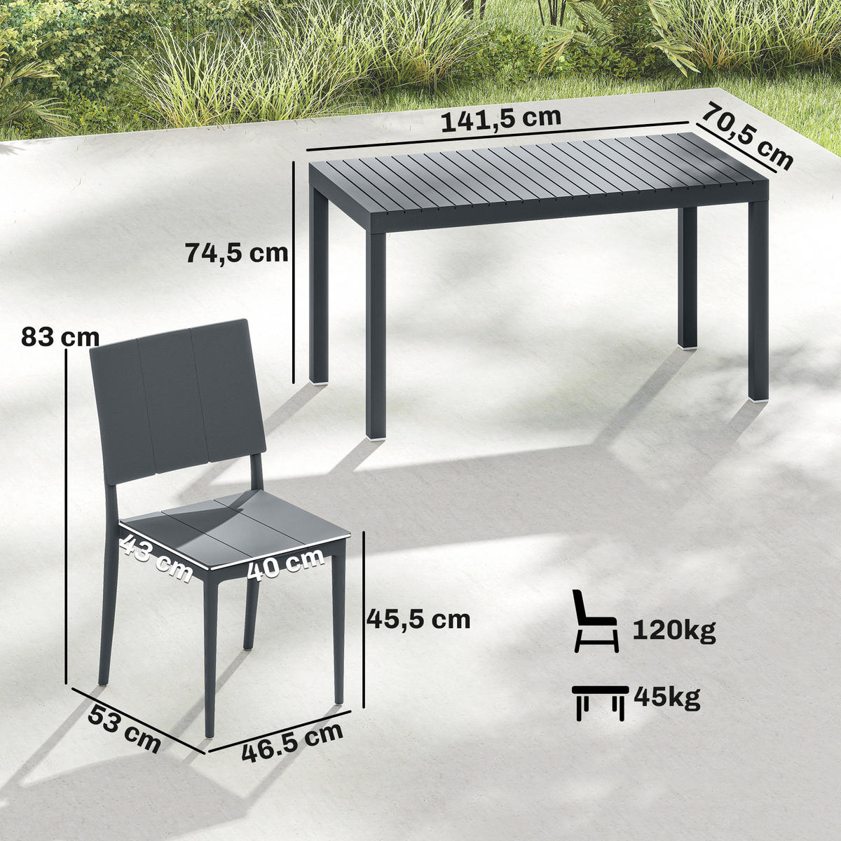 GARTENMÖBEL-SET Dunkelgrau 141.5/70.5/74.5cm - Dunkelgrau, Metall
