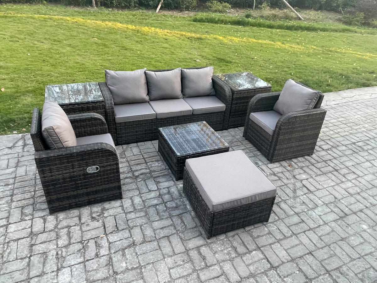 GARTENMÖBELGARNITUR mit KISSEN Polyrattan Dunkelgrau 6-Sitzer - Dunkelgrau/Grau, Glas/Kunststoff - Fimous