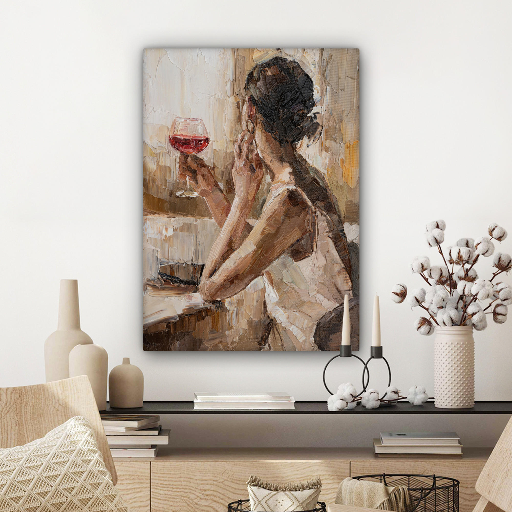 LEINWANDBILD Ölgemälde - Frau - Wein 60x80 cm - Hellbraun, Textil (60/80cm) - MuchoWow