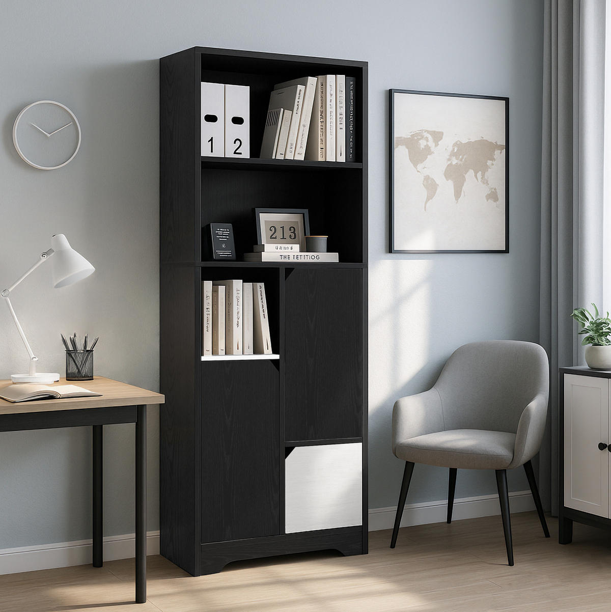 BÜCHERREGAL 60/35/160 cm mit 2 offenen Fächern, Tür und Schubladen aus Holzwerkstoff, Schwarz/Weiß - Schwarz, Holzwerkstoff (60/160/35cm) - Redom