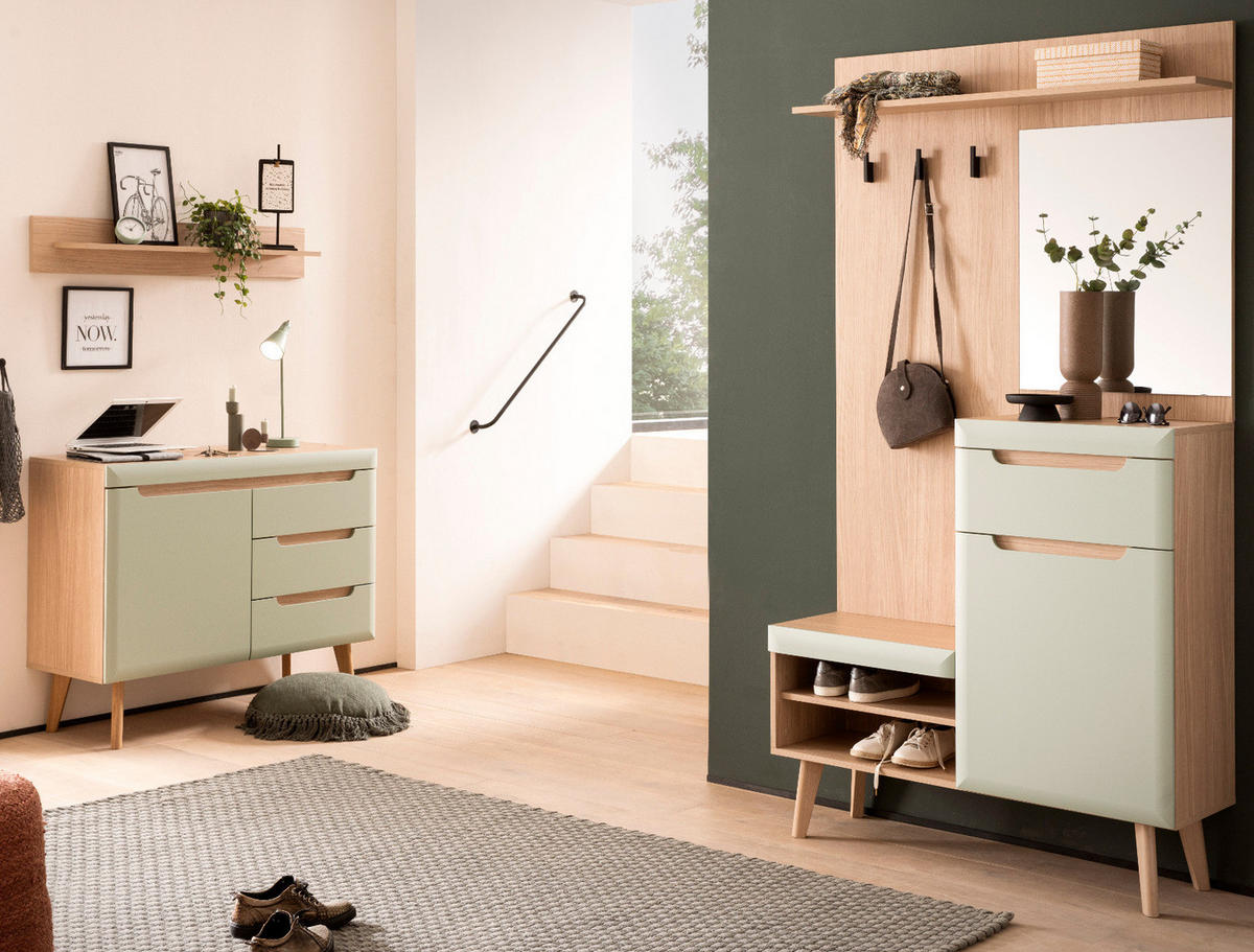 GARDEROBEN-SET 3-teilig Pistazie matt, Scandi Eiche, Garderobenkombination skandinavisch 227 x 197 cm - Eichefarben/Pastellgrün, Glas/Holz (237/200/40cm) - Furn.Design
