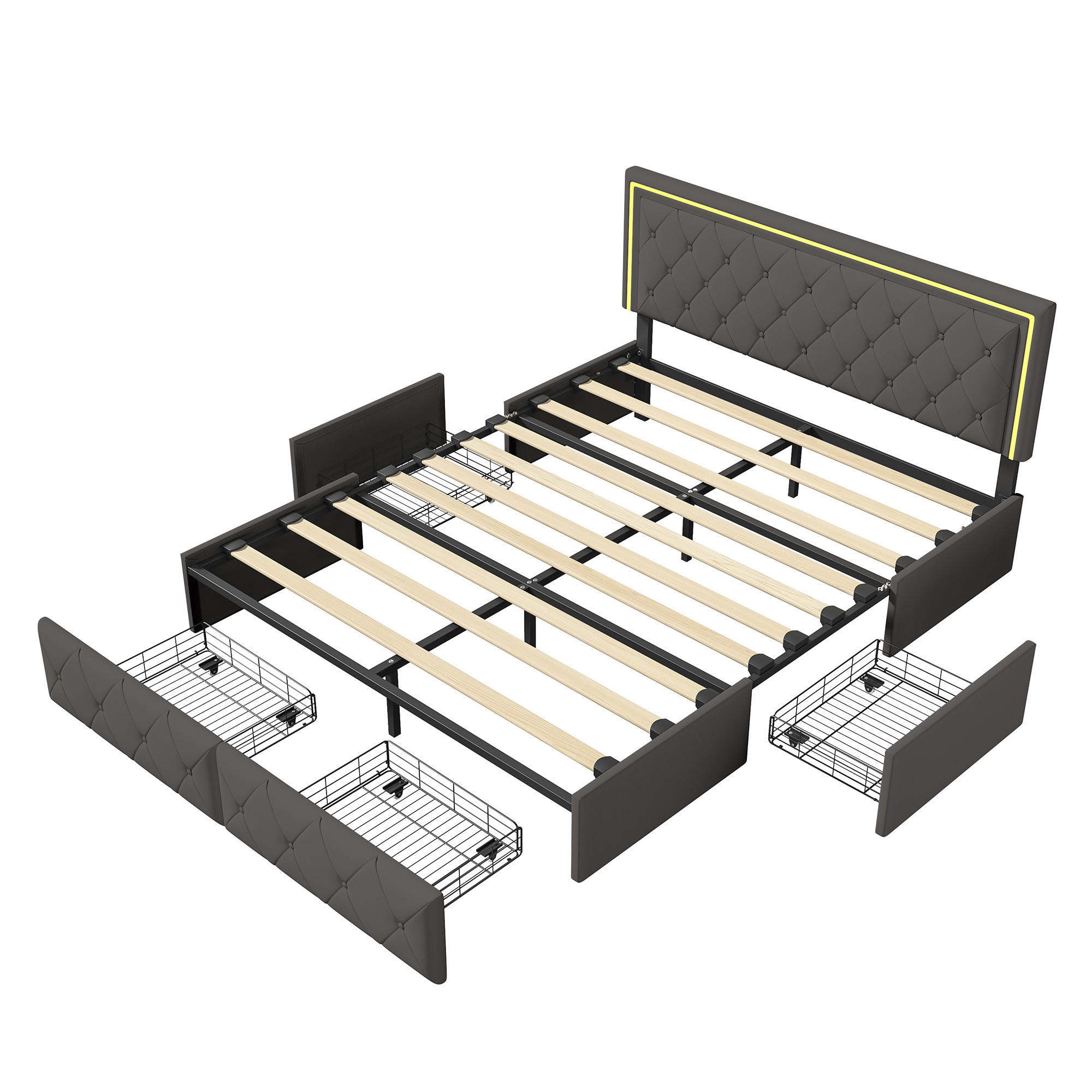 POLSTERBETT 140x200 cm Creme-Grau PU Bett mit LED Lichtleiste & 4 Schubladen - Grau, Leder (140/200cm) - CASIVA