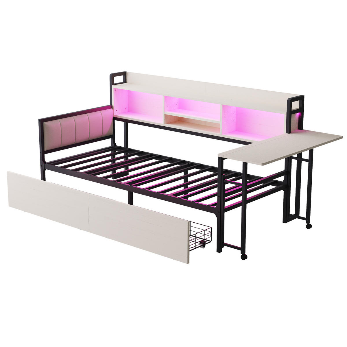 BETT 90/200 cm in Weiß mit LED-Beleuchtung, Schreibtisch und Stauraum - Weiß, Metall (90/200cm) - Flora Grace